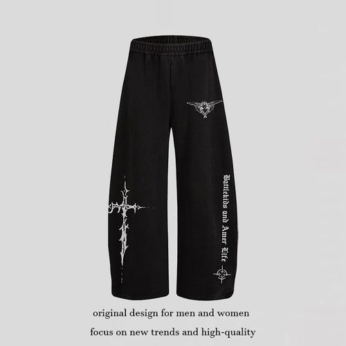 Damen Weite Lounge-Hose im Palazzo-Stil mit Elastikbund und Gothic-Print Nord Taschen