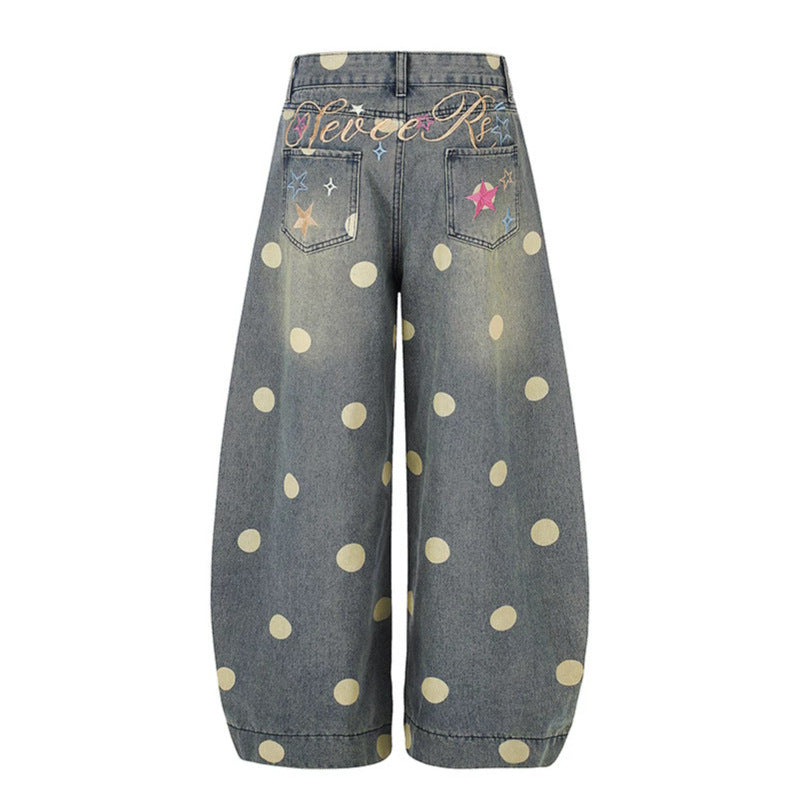 Damen Weite Jeans-Culotte im Palazzo-Stil mit hohem Bund und Punktmuster Nord Taschen