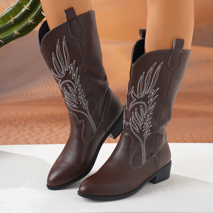 Damen nan Cowgirl-Kniehoher Stiefel mit dekorativer Stickerei, Pull‑Tabs und komfortablem Blockabsatz Nord Taschen