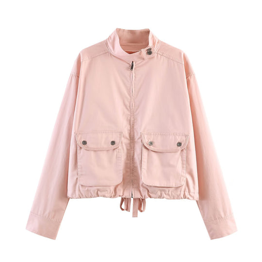 Damen Kurzjacke im Safari‑Stil mit Stehkragen, Kängurutaschen und Kordelzug Nord Taschen