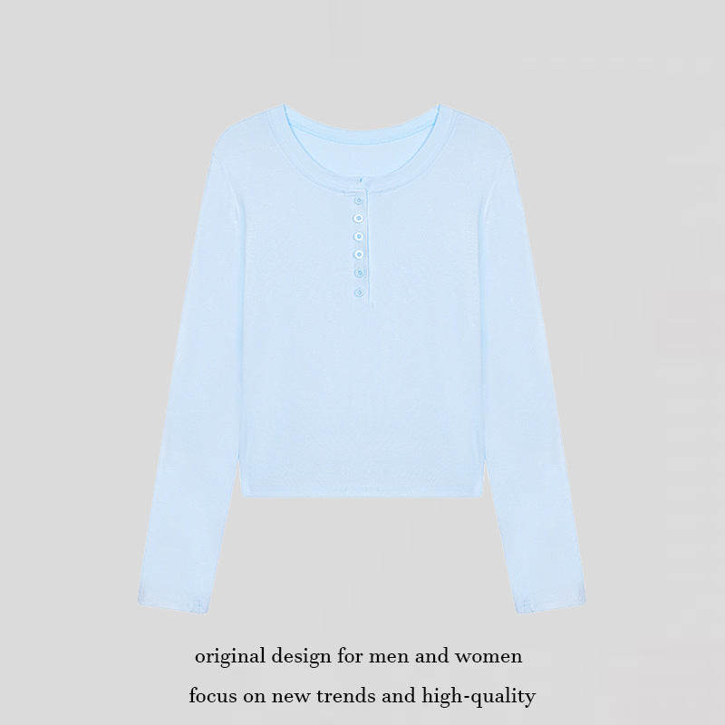 Damen Kurz geschnittenes Henley Langarmshirt aus Baumwolljersey mit Knopfleiste Nord Taschen