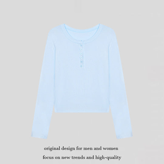 Damen Kurz geschnittenes Henley Langarmshirt aus Baumwolljersey mit Knopfleiste Nord Taschen