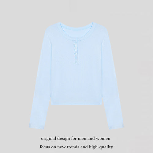 Damen Kurz geschnittenes Henley Langarmshirt aus Baumwolljersey mit Knopfleiste Nord Taschen