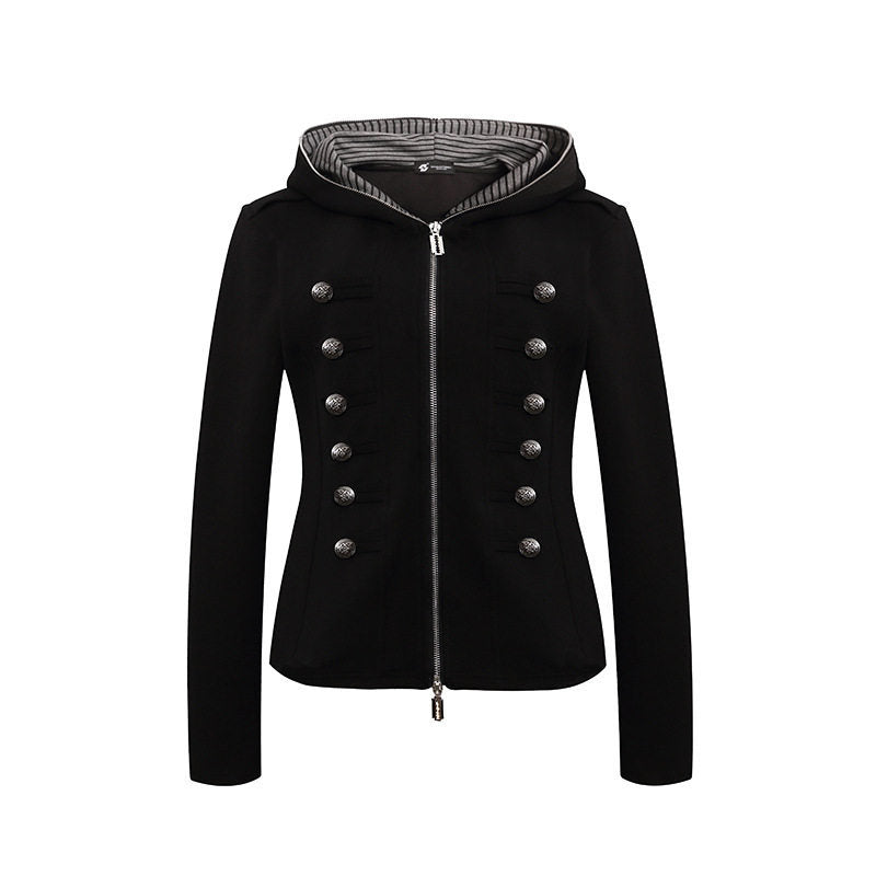 Damen taillierte Kapuzen‑Sweatjacke mit dekorischer Doppelreihe und Metallknöpfen Nord Taschen