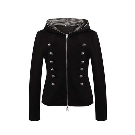 Damen taillierte Kapuzen‑Sweatjacke mit dekorischer Doppelreihe und Metallknöpfen Nord Taschen