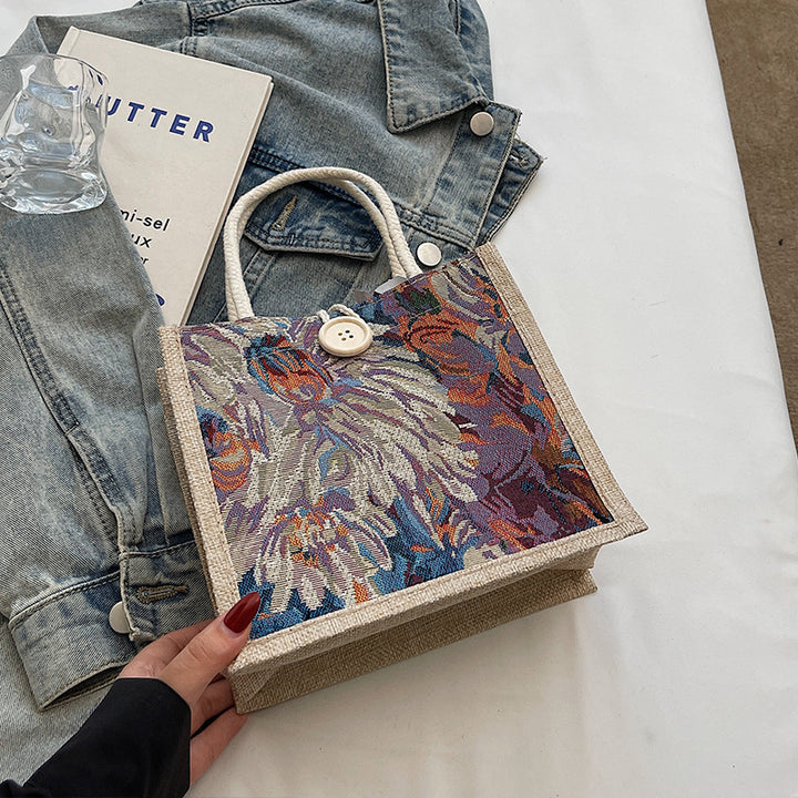 Damen Jute-Tragetasche mit kunstvollem floralem Stickdesign Nord Taschen
