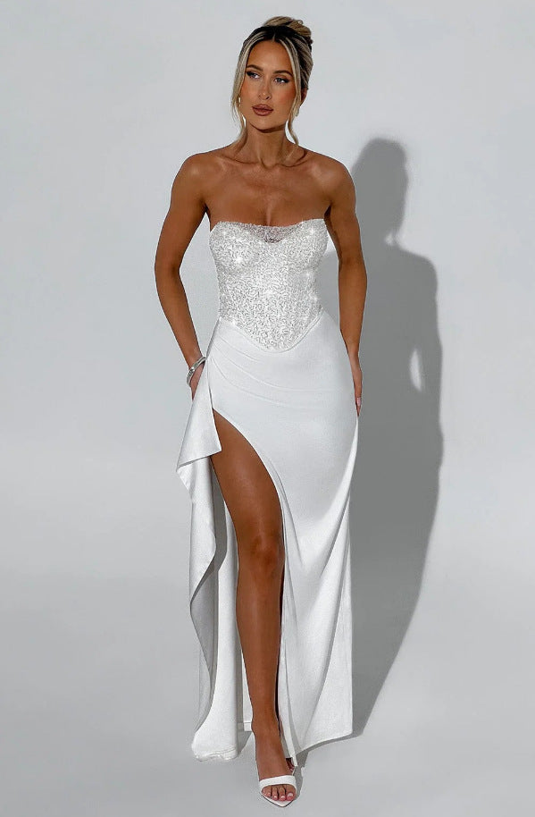 Damen Elegantes Abendkleid mit schimmerndem Oberteil und hohem Schlitz