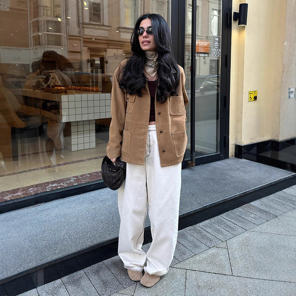 Damen Boxy Kurzjacke aus Veloursleder‑Optik mit Kontrastkragen & Pattentaschen Nord Taschen