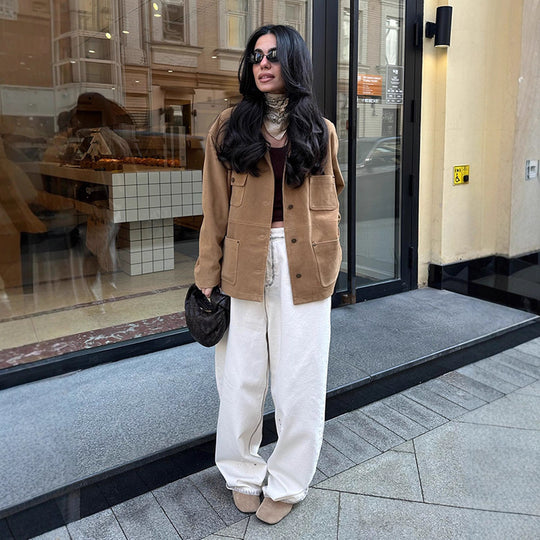 Damen Boxy Kurzjacke aus Veloursleder‑Optik mit Kontrastkragen & Pattentaschen Nord Taschen