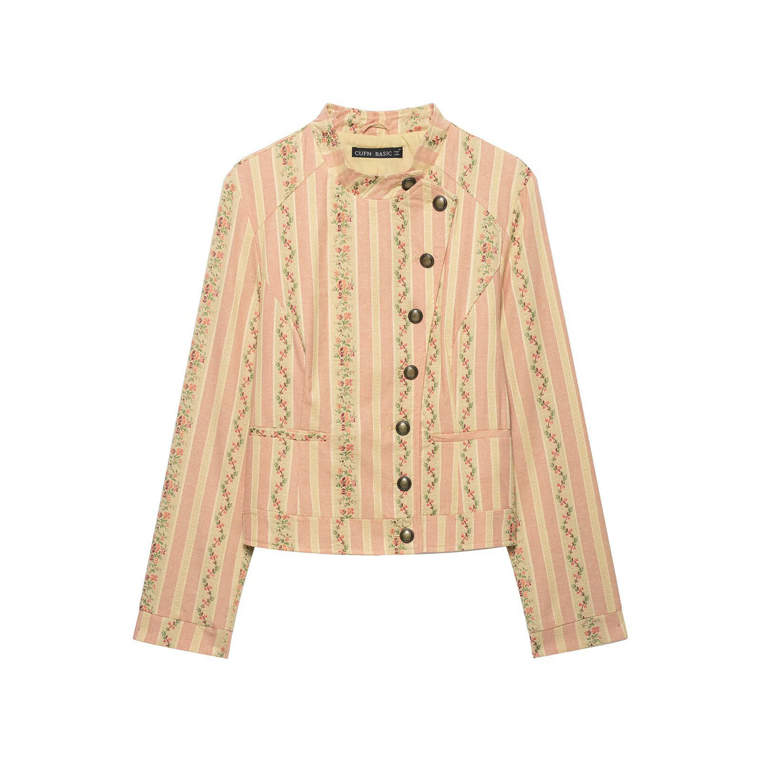 Damen Kurze Blousonjacke im Vintage‑Streifenmuster mit asymmetrischer Knopfleiste Nord Taschen