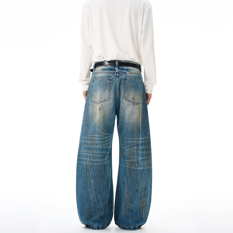 Herren Ultraweite Denim-Baggyhose im Vintage-Look mit Farbpatina und tiefem Schritt Nord Taschen