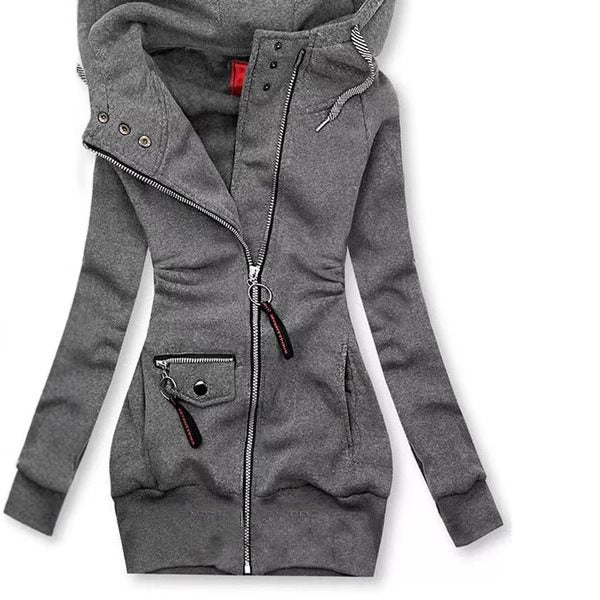 Damen Lange Kapuzenjacke mit asymmetrischem Reißverschluss und Zip‑Tasche Nord Taschen