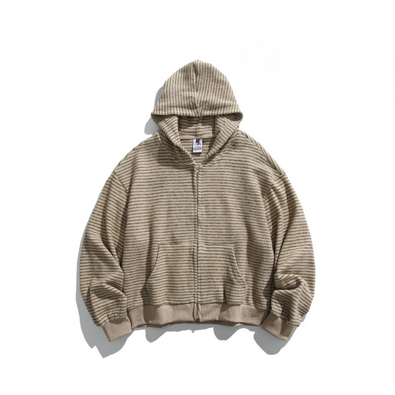 Unisex Boxy Kapuzen-Sweatjacke mit durchgehendem Reißverschluss, Streifenstruktur und geripptem Saum Nord Taschen