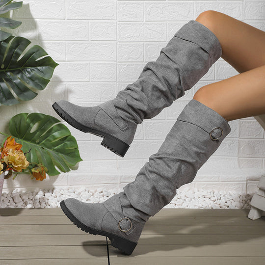 Damen kniehohe Slouch-Stiefel aus Wildlederoptik mit dekorativer Schnalle und rutschfester Profilsohle Nord Taschen