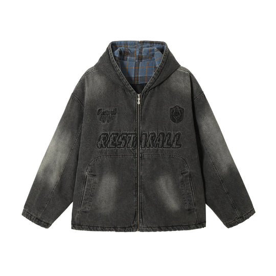 Herren Washed-Denim Kapuzenjacke im Oversize-Look mit kariert gefütterter Kapuze Nord Taschen