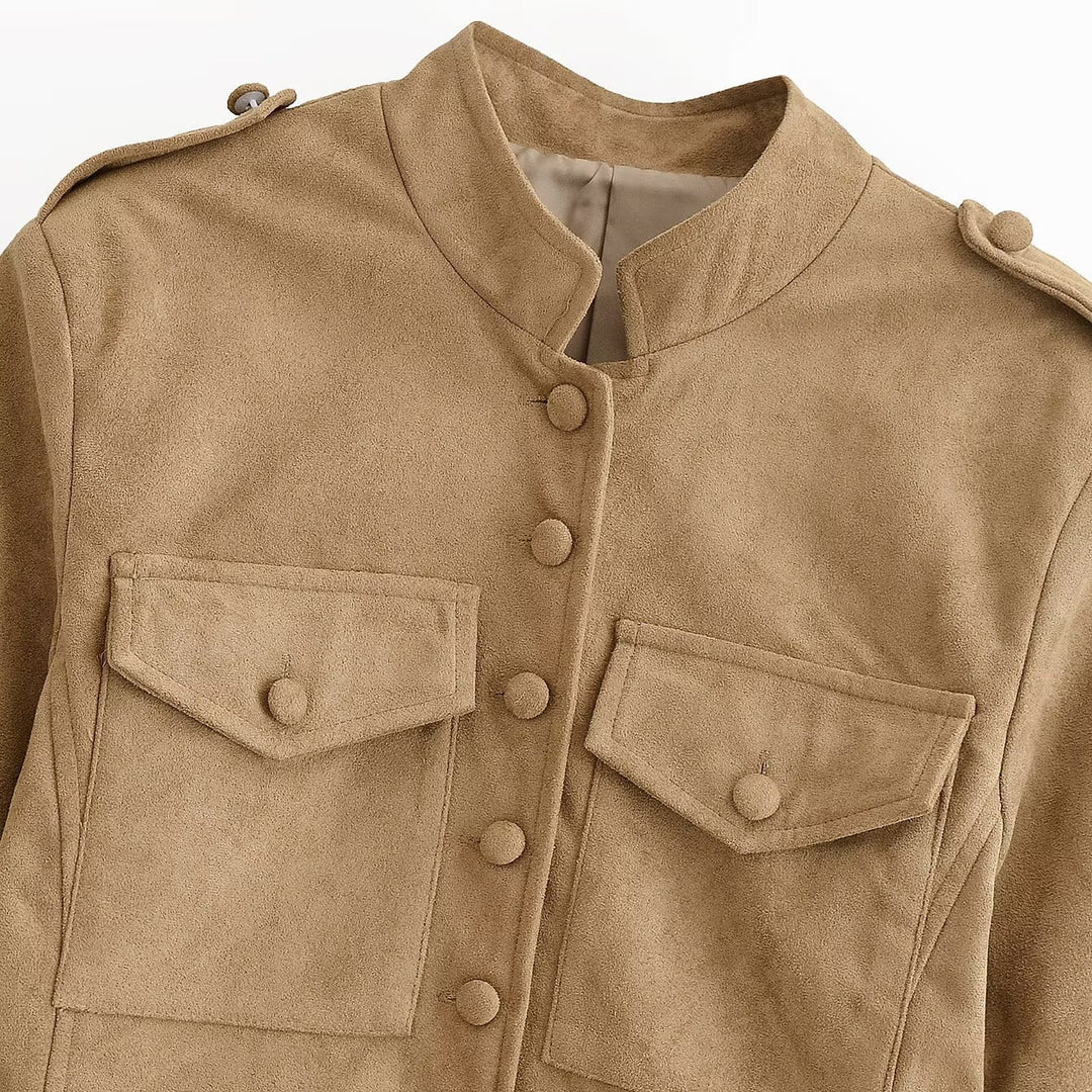 Damen Taillierte Safarijacke aus Wildlederoptik mit Stehkragen und Zierknöpfen Nord Taschen