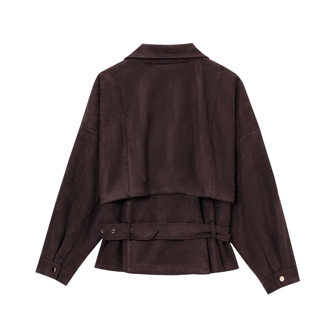 Damen Kurze Wildlederoptik-Trenchjacke mit Taillengürtel und Reißverschluss-Details Nord Taschen