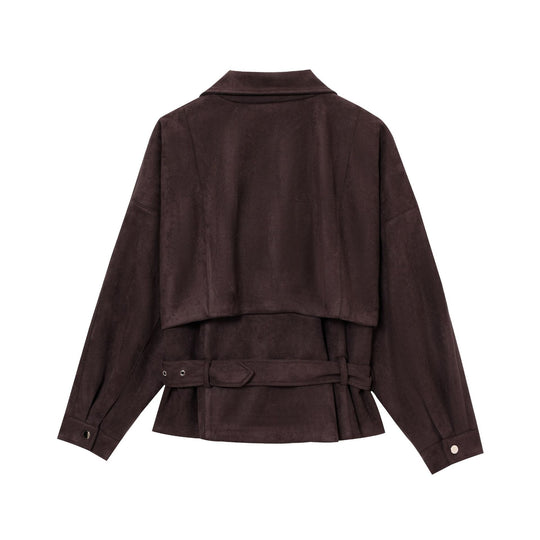 Damen Kurze Wildlederoptik-Trenchjacke mit Taillengürtel und Reißverschluss-Details Nord Taschen