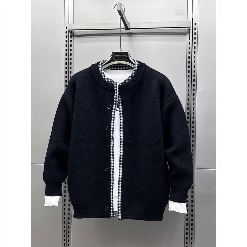 Unisex Lässige Strickjacke im Layering-Look mit Rundhals und Kontrast-Karoinnenschicht Nord Taschen