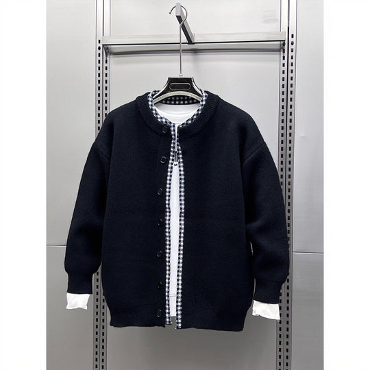 Unisex Lässige Strickjacke im Layering-Look mit Rundhals und Kontrast-Karoinnenschicht Nord Taschen