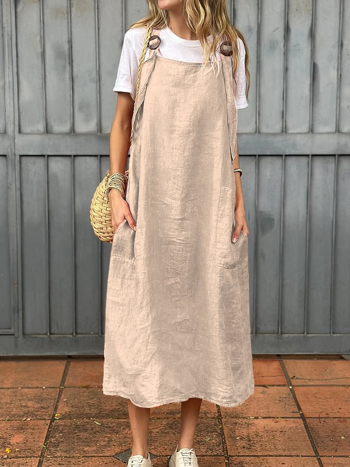 Damen lässiges Leinenkleid mit praktischen Taschen und verstellbaren Trägern