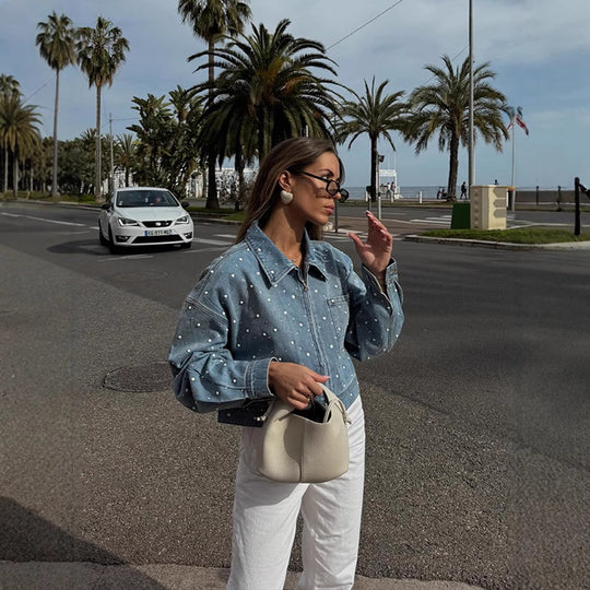 Damen Gekürzte Denim-Jacke mit Perlenbesatz und Oversize-Ärmeln Nord Taschen