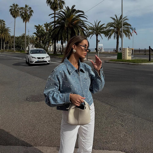 Damen Gekürzte Denim-Jacke mit Perlenbesatz und Oversize-Ärmeln Nord Taschen