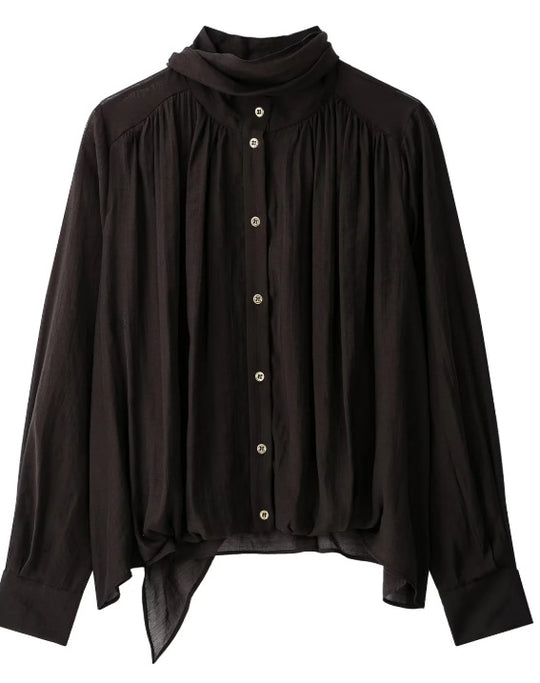 Damen Locker fallende Chiffon‑Bluse mit Schalkragen, Knopfleiste und Ballonärmeln Nord Taschen