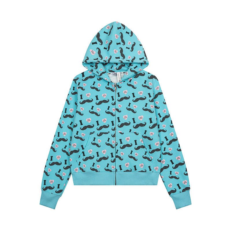 Damen Kurze Kapuzen‑Sweatjacke im Grafik-Print mit Rippbündchen und Kängurutaschen Nord Taschen
