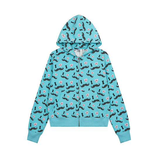 Damen Kurze Kapuzen‑Sweatjacke im Grafik-Print mit Rippbündchen und Kängurutaschen Nord Taschen