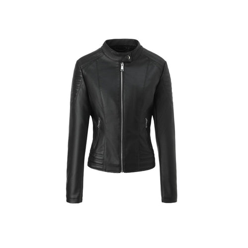 Damen Taillierte Kunstleder-Bikerjacke mit Stehkragen und Stepp-Details Nord Taschen