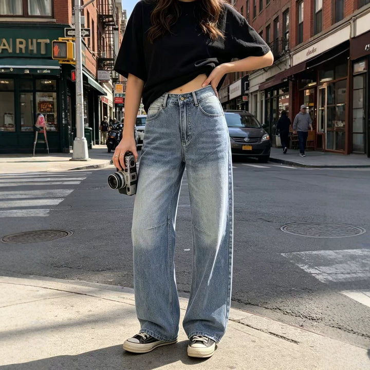 Damen hochgeschnittene weite Jeans mit geradem Bein, Knieabnähern und klassischem Five‑Pocket‑Schnitt Nord Taschen