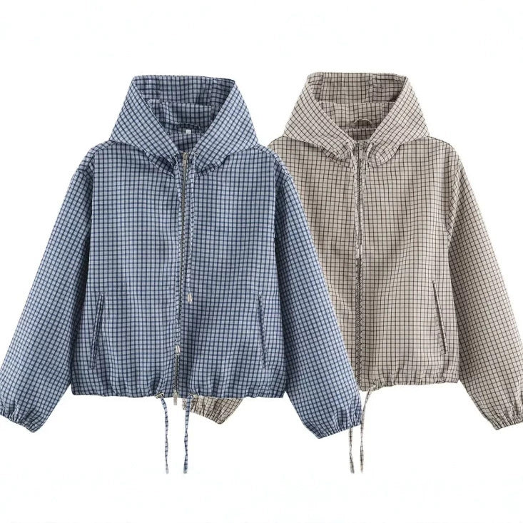 Damen Karierte Cropped Kapuzenjacke mit Tunnelzugsaum und Zwei‑Wege‑Reißverschluss Nord Taschen