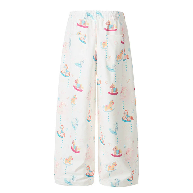 Damen Weite Palazzo-Loungehose mit Komfortbund, Kordelzug und verspieltem Schaukelpferd-Print Nord Taschen