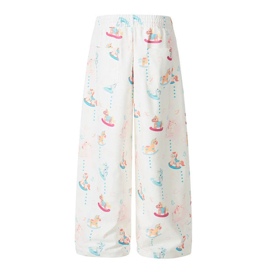 Damen Weite Palazzo-Loungehose mit Komfortbund, Kordelzug und verspieltem Schaukelpferd-Print Nord Taschen