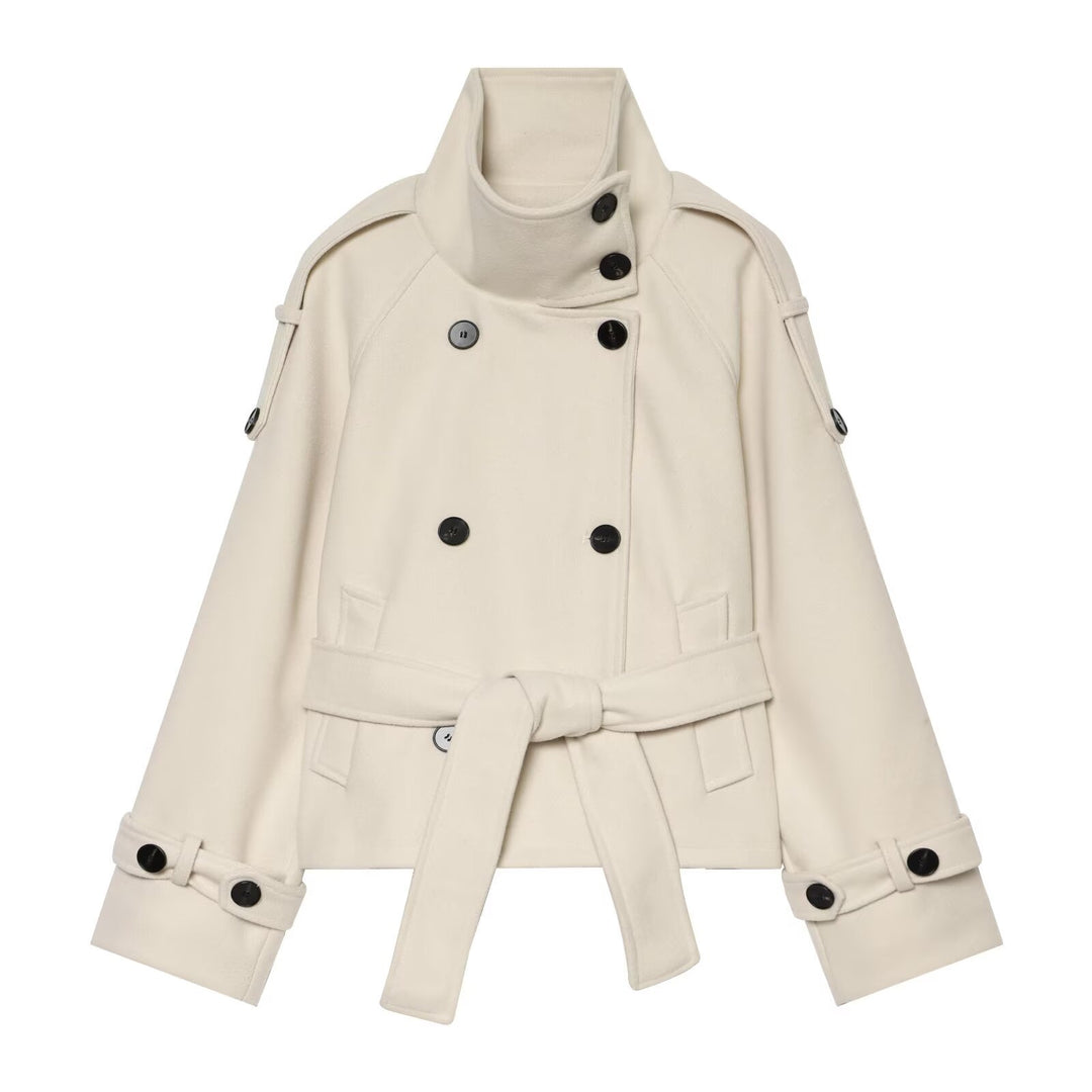 Damen Kurzer zweireihiger Cape-Mantel aus Wolle mit Stehkragen Schulterklappen und Bindegürtel Nord Taschen