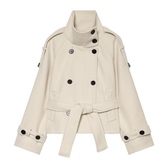 Damen Kurzer zweireihiger Cape-Mantel aus Wolle mit Stehkragen Schulterklappen und Bindegürtel Nord Taschen