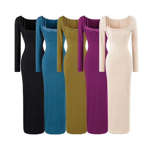 Damen Figurbetontes Maxi-Kleid mit Korsett-Detail, Rippstrick und langen Ärmeln Nord Taschen