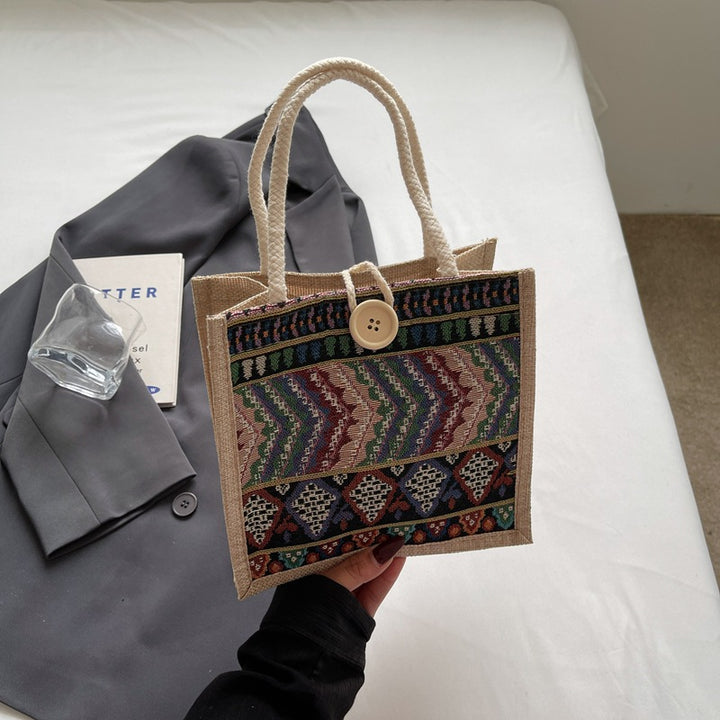 Damen Jute-Handtasche mit handgewebtem Ethnodruck Nord Taschen