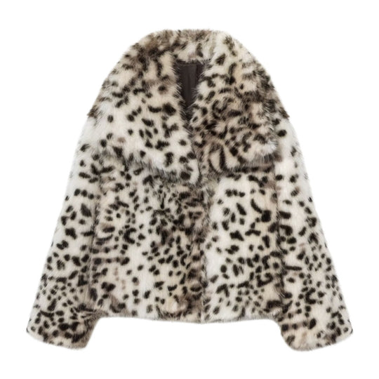 Damen Kurzjacke aus Kunstpelz im Snow-Leopard-Print mit weitem Revers Nord Taschen