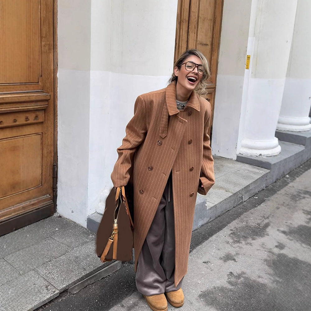 Damen Doppelreihiger Oversize-Wollmixmantel mit Nadelstreifen und weitem Schnitt Nord Taschen