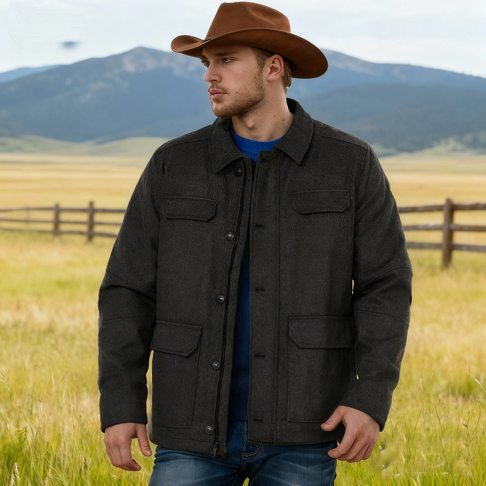 Herren Wollmix-Fieldjacke mit Pattentaschen, durchgehender Knopfleiste und Hemdkragen Nord Taschen