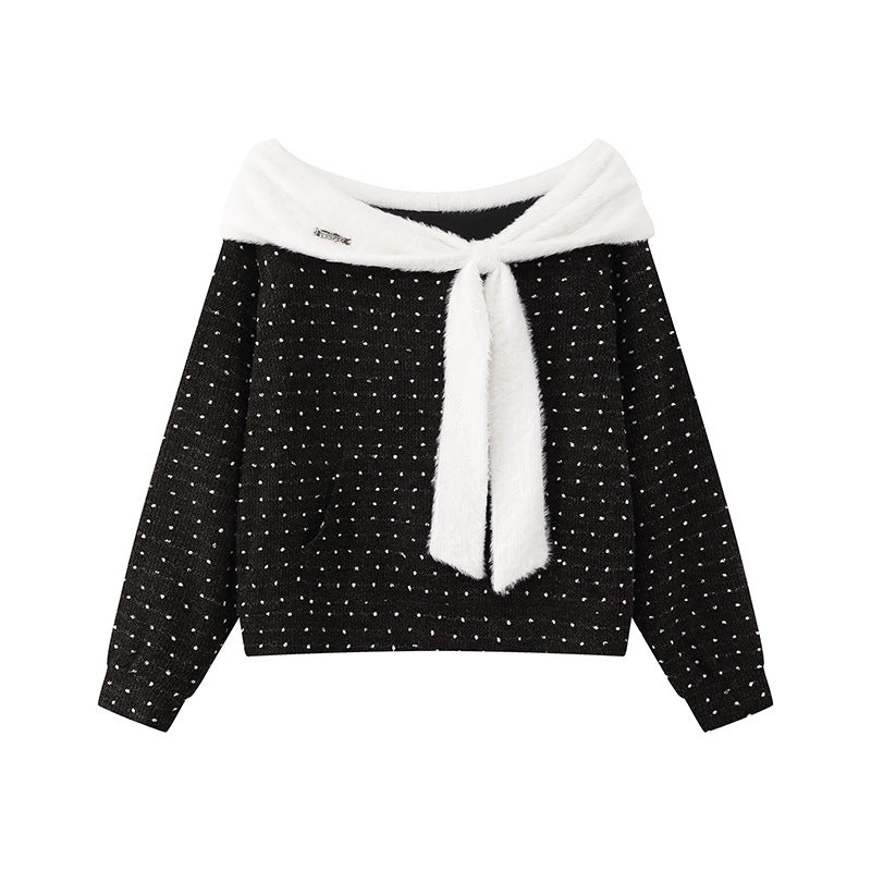 Damen Kuscheliger Strickpullover mit großem Faux-Fur-Schalkragen und Kängurutasche Nord Taschen