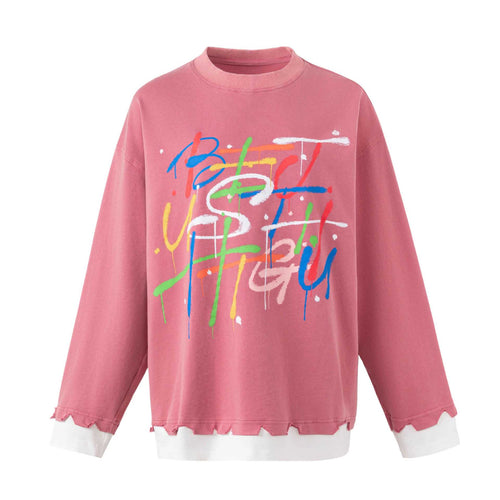 Damen Oversize-Sweatshirt mit Graffiti-Print, Wellensaum und Lagenlook Nord Taschen