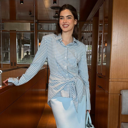 Damen Gingham-Wickelbluse mit seitlicher Taillenbinde und Hemdkragen Nord Taschen