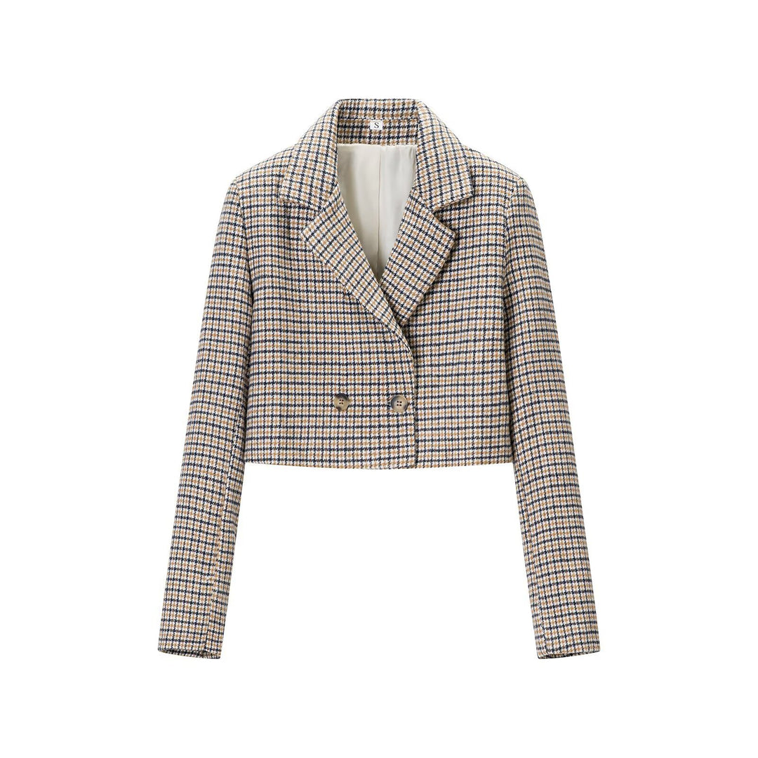 Damen Cropped Wollmischblazer mit Hahnentritt‑Muster und doppelreihiger Knopfleiste Nord Taschen