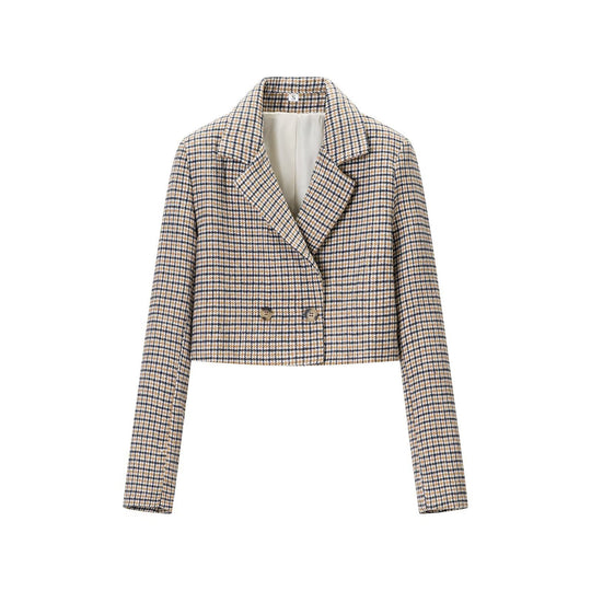 Damen Cropped Wollmischblazer mit Hahnentritt‑Muster und doppelreihiger Knopfleiste Nord Taschen