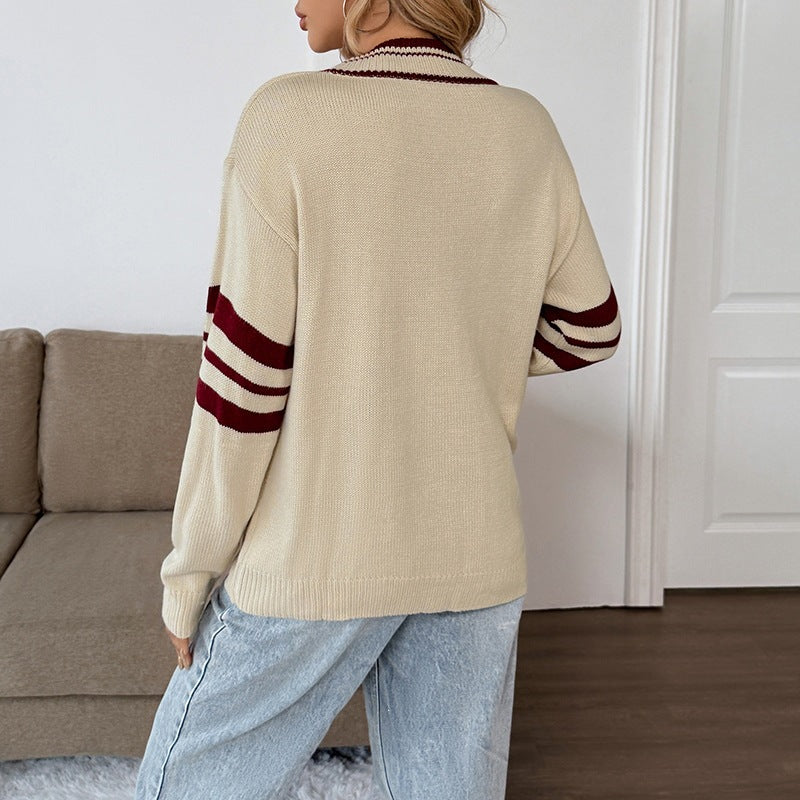 Damen Oversize V-Ausschnitt Strickpullover mit Off-Shoulder-Detail und Kontraststreifen Nord Taschen