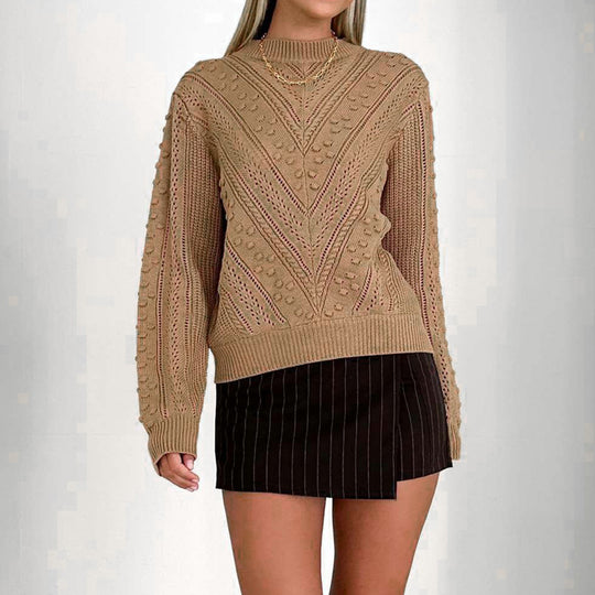 Damen Strukturierter Ajourstrick-Pullover mit Noppenmuster und Stehkragen Nord Taschen