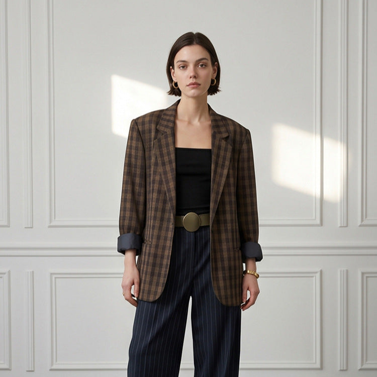 Damen Oversize-Karoblazer mit kastiger Silhouette und überschnittenen Schultern Nord Taschen